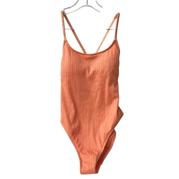 NWOT Xhilaration Tangerine Orange Peach Ribbed Backless One-Piece Swimsuit - S - Picture 7 of 16
